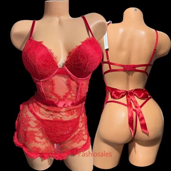 Victoria’s Secret Very Sexy Bombshell Push Up Adds 2 Cup Apron Teddy Lipstick - Picture 1 of 7